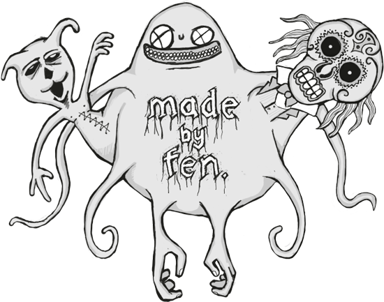 Some weird monsters with appendages emanating from a body with the words 'Made by Fen' etched thereon.